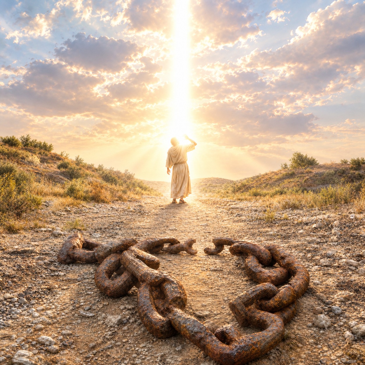Damascus Road artwork by Lila: broken chains on a road leading toward heavenly light