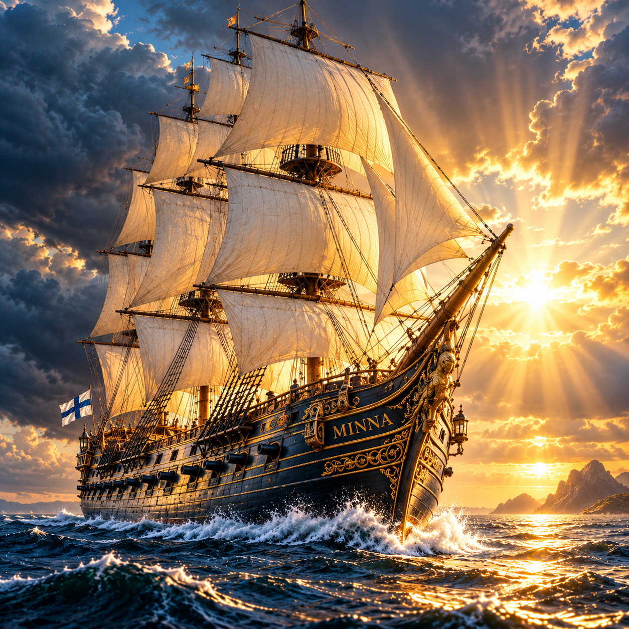 The restored Finnish Warship Minna sailing into golden light